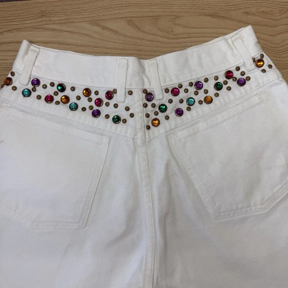 Vtg Bedazzled Bling White Mom Shorts Size 8 Rodeo Western Festival Party 90s
